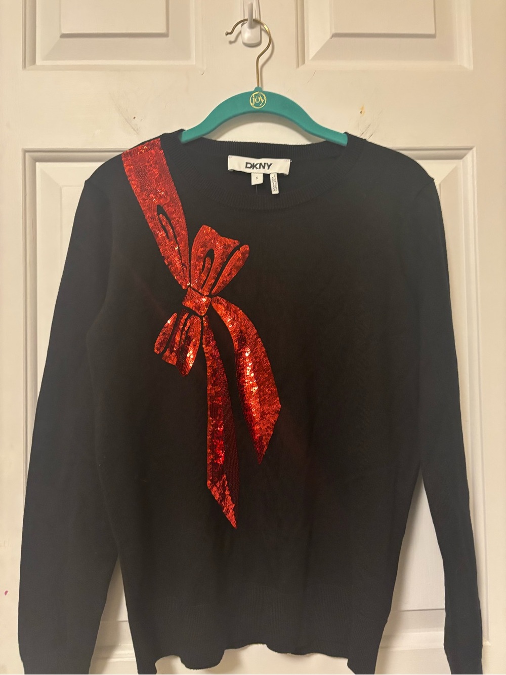 NWT DKNY Black Crewneck Christmas Holiday Sweater Red Sequin Bow Size Small